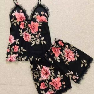 Black Satin Pajama Set With Pink Floral Design